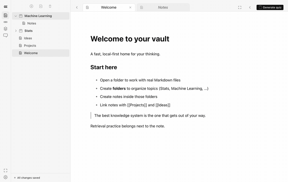 Generating a quiz from a note and choosing an answer